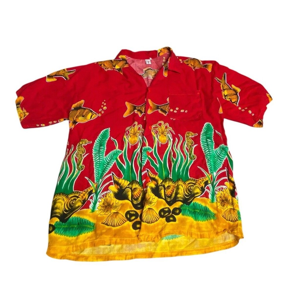 Vintage 90s Mens XL Bonanza Button Down Shirt Red Background Ocean Scene